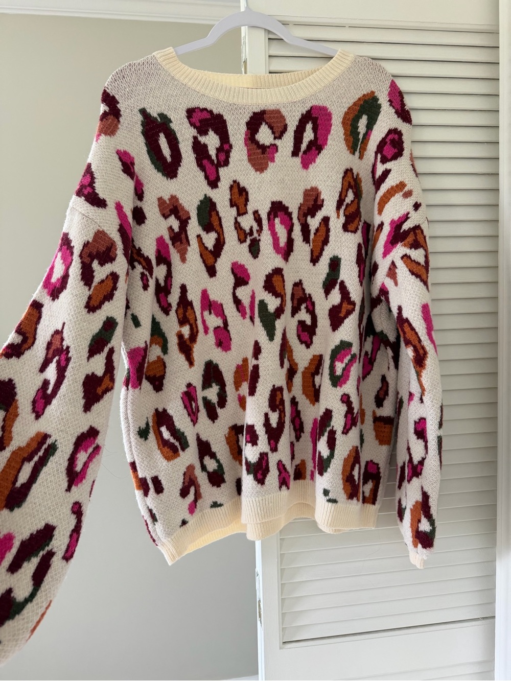 entro Cream Leopard Crewneck Sweater with Pink, Brown & Green Spots
